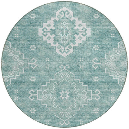 3' X 5' Aqua Teal Blue And Ivory Medallion Washable Indoor Outdoor Area Rug