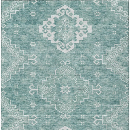3' X 5' Aqua Teal Blue And Ivory Medallion Washable Indoor Outdoor Area Rug