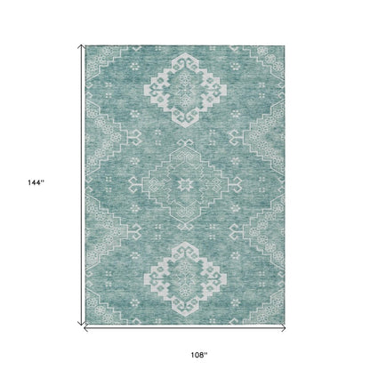 3' X 5' Aqua Teal Blue And Ivory Medallion Washable Indoor Outdoor Area Rug