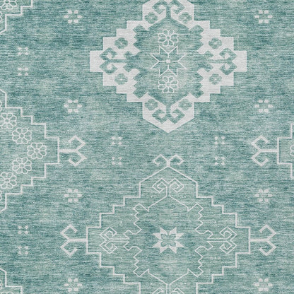 3' X 5' Aqua Teal Blue And Ivory Medallion Washable Indoor Outdoor Area Rug