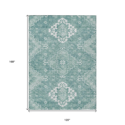 3' X 5' Aqua Teal Blue And Ivory Medallion Washable Indoor Outdoor Area Rug