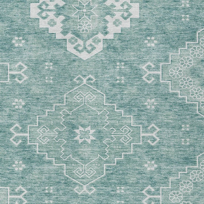 3' X 5' Aqua Teal Blue And Ivory Medallion Washable Indoor Outdoor Area Rug