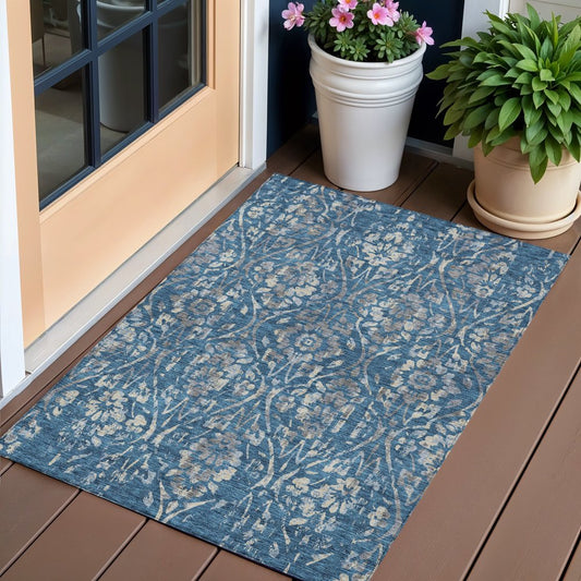 3' X 5' Blue And Ivory Floral Washable Indoor Outdoor Area Rug
