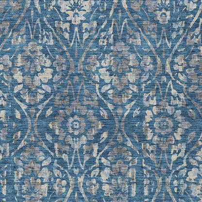 3' X 5' Blue And Ivory Floral Washable Indoor Outdoor Area Rug