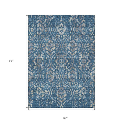 3' X 5' Blue And Ivory Floral Washable Indoor Outdoor Area Rug