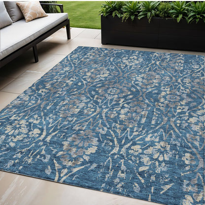 3' X 5' Blue And Ivory Floral Washable Indoor Outdoor Area Rug