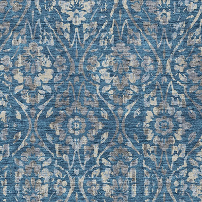 3' X 5' Blue And Ivory Floral Washable Indoor Outdoor Area Rug