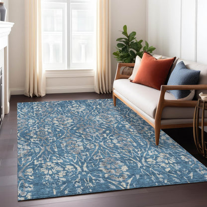 3' X 5' Blue And Ivory Floral Washable Indoor Outdoor Area Rug