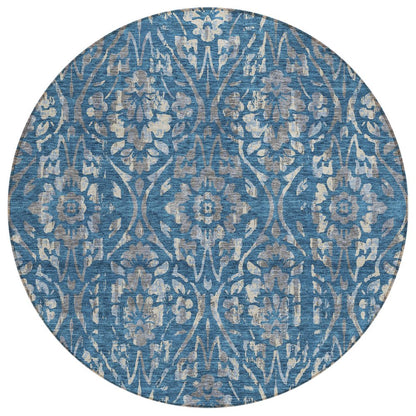 3' X 5' Blue And Ivory Floral Washable Indoor Outdoor Area Rug