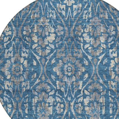 3' X 5' Blue And Ivory Floral Washable Indoor Outdoor Area Rug