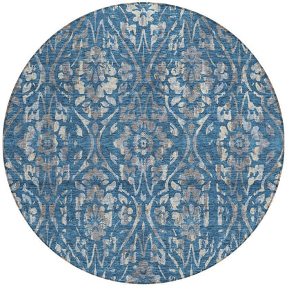 3' X 5' Blue And Ivory Floral Washable Indoor Outdoor Area Rug
