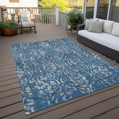 3' X 5' Blue And Ivory Floral Washable Indoor Outdoor Area Rug
