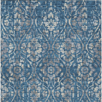 3' X 5' Blue And Ivory Floral Washable Indoor Outdoor Area Rug