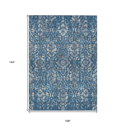 3' X 5' Blue And Ivory Floral Washable Indoor Outdoor Area Rug