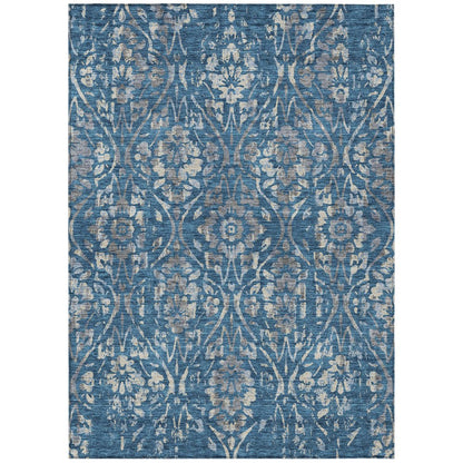 3' X 5' Blue And Ivory Floral Washable Indoor Outdoor Area Rug