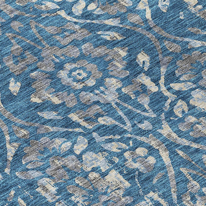 3' X 5' Blue And Ivory Floral Washable Indoor Outdoor Area Rug