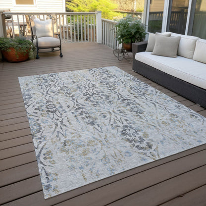 3' X 5' Gray Black And Green Floral Washable Indoor Outdoor Area Rug