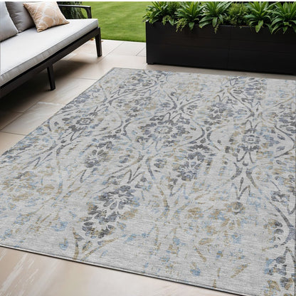 3' X 5' Gray Black And Green Floral Washable Indoor Outdoor Area Rug
