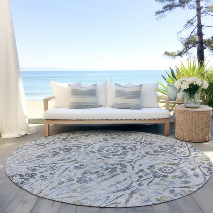3' X 5' Gray Black And Green Floral Washable Indoor Outdoor Area Rug