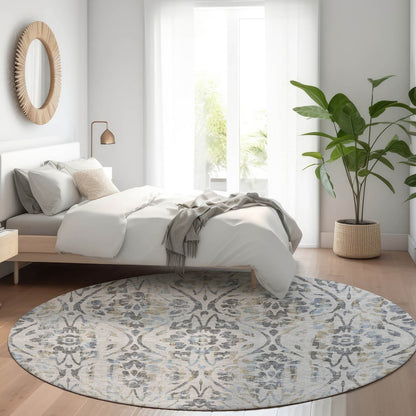 3' X 5' Gray Black And Green Floral Washable Indoor Outdoor Area Rug
