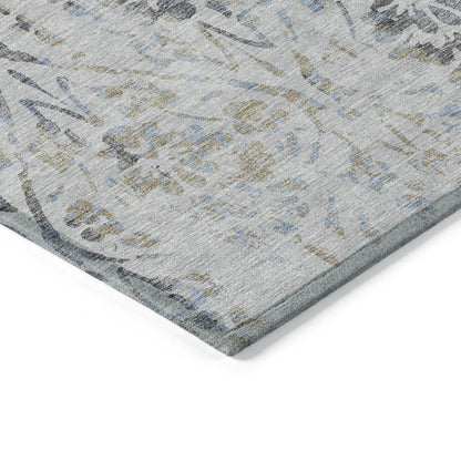 8' X 10' Gray Black And Green Floral Washable Indoor Outdoor Area Rug