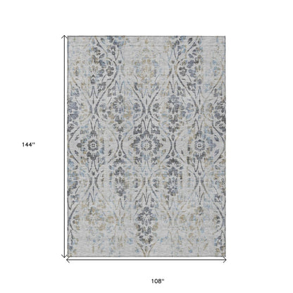 8' X 10' Gray Black And Green Floral Washable Indoor Outdoor Area Rug