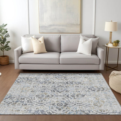 8' X 10' Gray Black And Green Floral Washable Indoor Outdoor Area Rug