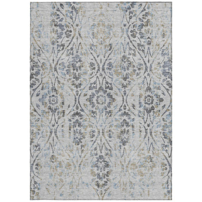 8' X 10' Gray Black And Green Floral Washable Indoor Outdoor Area Rug