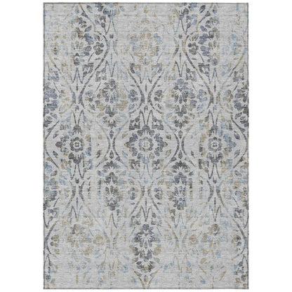 8' X 10' Gray Black And Green Floral Washable Indoor Outdoor Area Rug