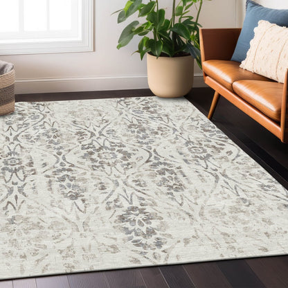 3' X 5' Ivory And Brown Floral Washable Indoor Outdoor Area Rug