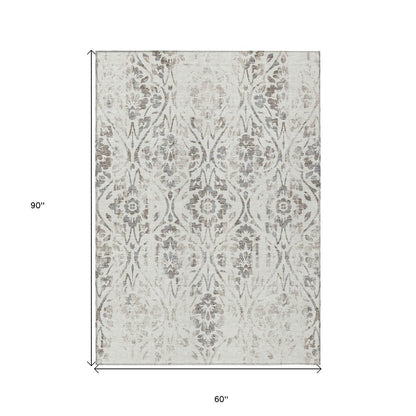 3' X 5' Ivory And Brown Floral Washable Indoor Outdoor Area Rug