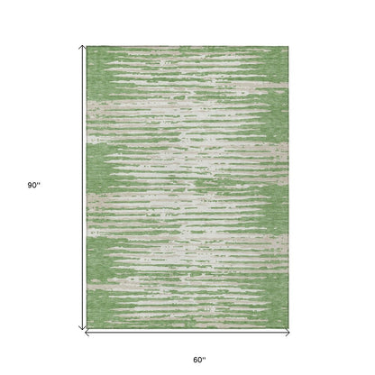 5' X 8' Green And Ivory Striped Washable Indoor Outdoor Area Rug
