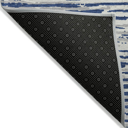 3' X 5' Navy Blue And Ivory Striped Washable Indoor Outdoor Area Rug