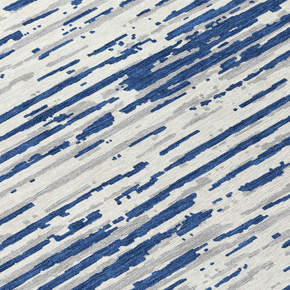 3' X 5' Navy Blue And Ivory Striped Washable Indoor Outdoor Area Rug