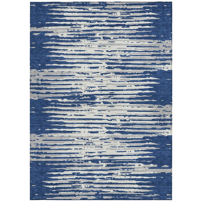 3' X 5' Navy Blue And Ivory Striped Washable Indoor Outdoor Area Rug