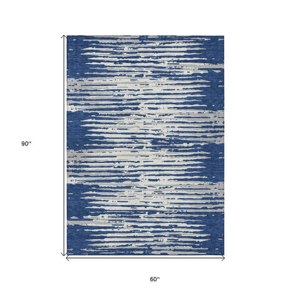 3' X 5' Navy Blue And Ivory Striped Washable Indoor Outdoor Area Rug