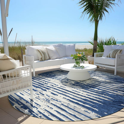 3' X 5' Navy Blue And Ivory Striped Washable Indoor Outdoor Area Rug