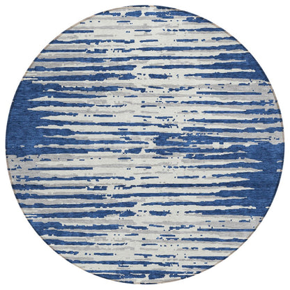 3' X 5' Navy Blue And Ivory Striped Washable Indoor Outdoor Area Rug