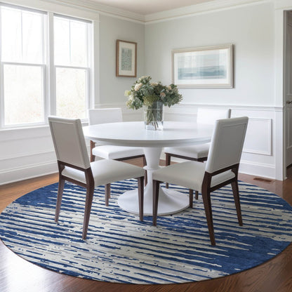 3' X 5' Navy Blue And Ivory Striped Washable Indoor Outdoor Area Rug