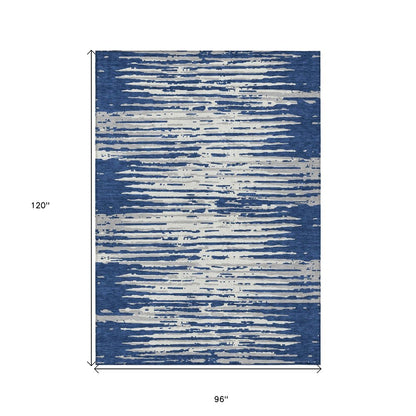 3' X 5' Navy Blue And Ivory Striped Washable Indoor Outdoor Area Rug