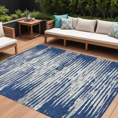 3' X 5' Navy Blue And Ivory Striped Washable Indoor Outdoor Area Rug