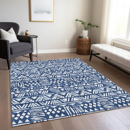 10' X 14' Navy Blue And Ivory Southwestern Washable Indoor Outdoor Area Rug