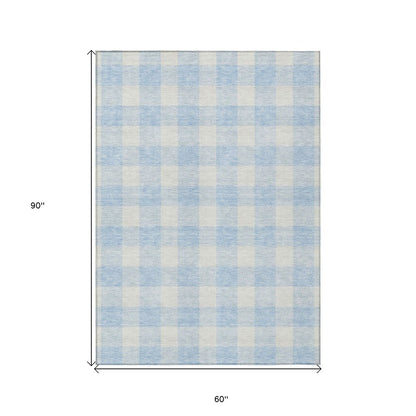 3' X 5' Sky Blue And Gray Plaid Washable Indoor Outdoor Area Rug