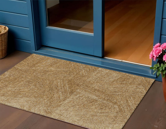 3' X 5' Gold Brown And Ivory Abstract Washable Indoor Outdoor Area Rug