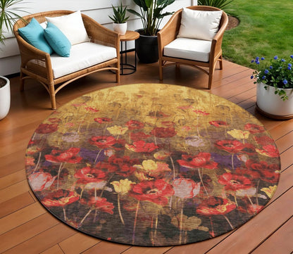3' X 5' Gold Red And Brown Floral Washable Indoor Outdoor Area Rug