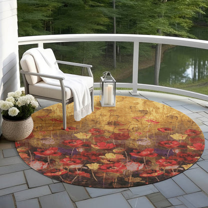 3' X 5' Gold Red And Brown Floral Washable Indoor Outdoor Area Rug