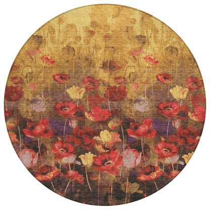 3' X 5' Gold Red And Brown Floral Washable Indoor Outdoor Area Rug