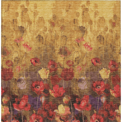 3' X 5' Gold Red And Brown Floral Washable Indoor Outdoor Area Rug