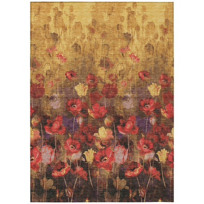 3' X 5' Gold Red And Brown Floral Washable Indoor Outdoor Area Rug