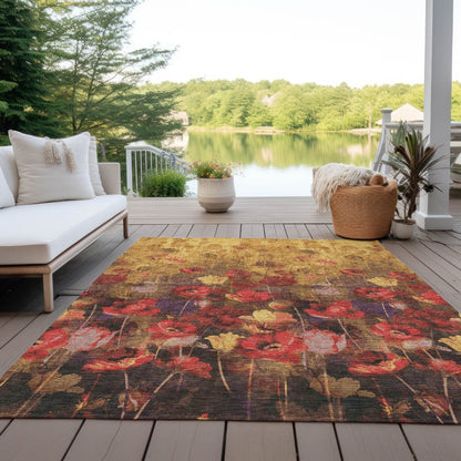 3' X 5' Gold Red And Brown Floral Washable Indoor Outdoor Area Rug